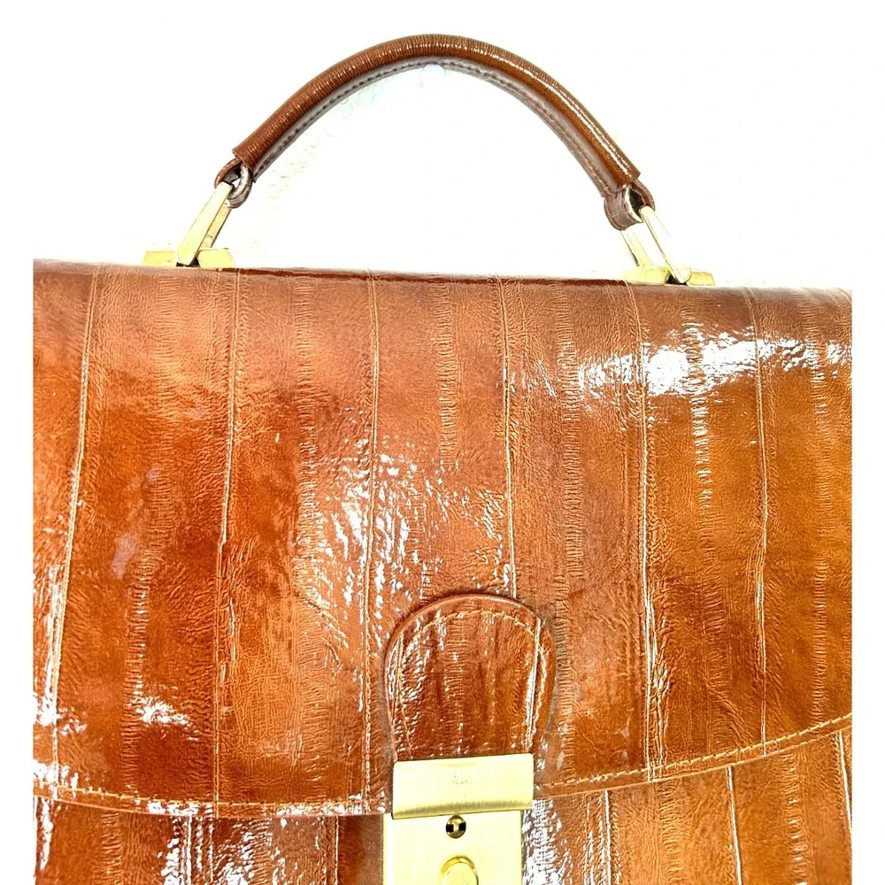 Vintage 80s Genuine Eel Skin Briefcase Brown Attache Bag Amiet Lock Korea VGUC